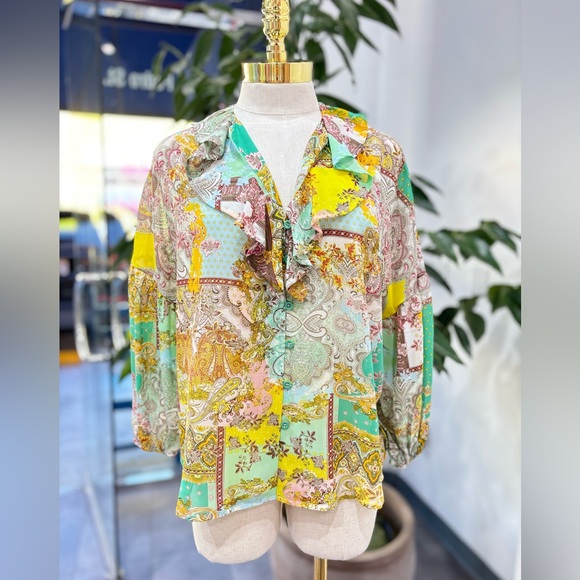Boho Patchwork Ruffle Blouse – Button-Down Long Sleeve Top - Picture 1 of 4